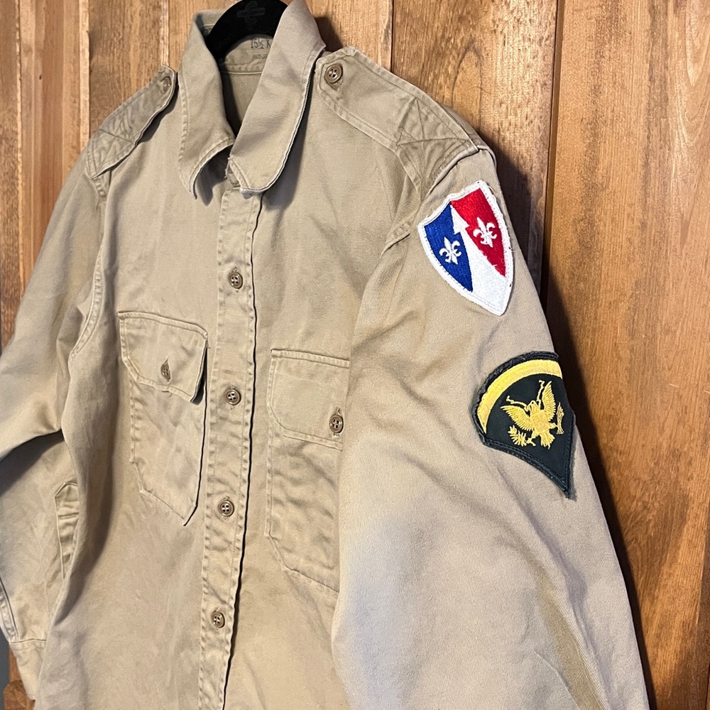 Vintage US Army military long sleeve Medium khaki shirt probably 1970